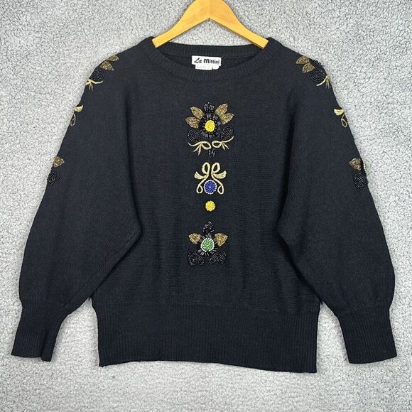 VTG  80s La Mittini Wool Angora Sweater L Black Floral Embroidered Beaded Retro - Picture 13 of 13